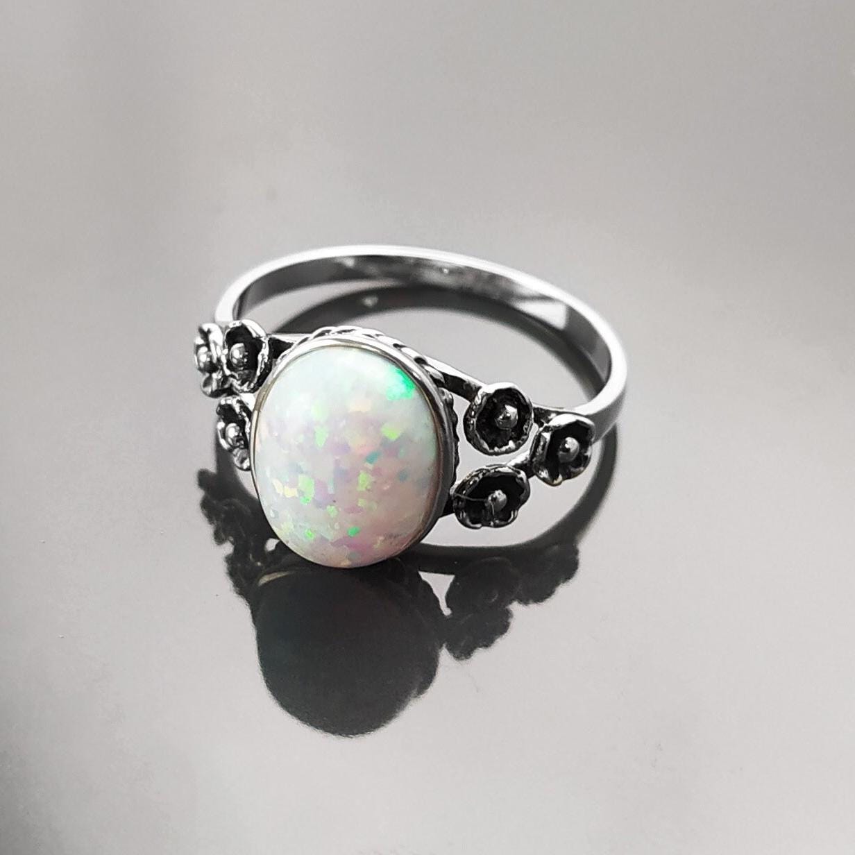 Sterling Silver Opal Ring, Flower Design Jewelry