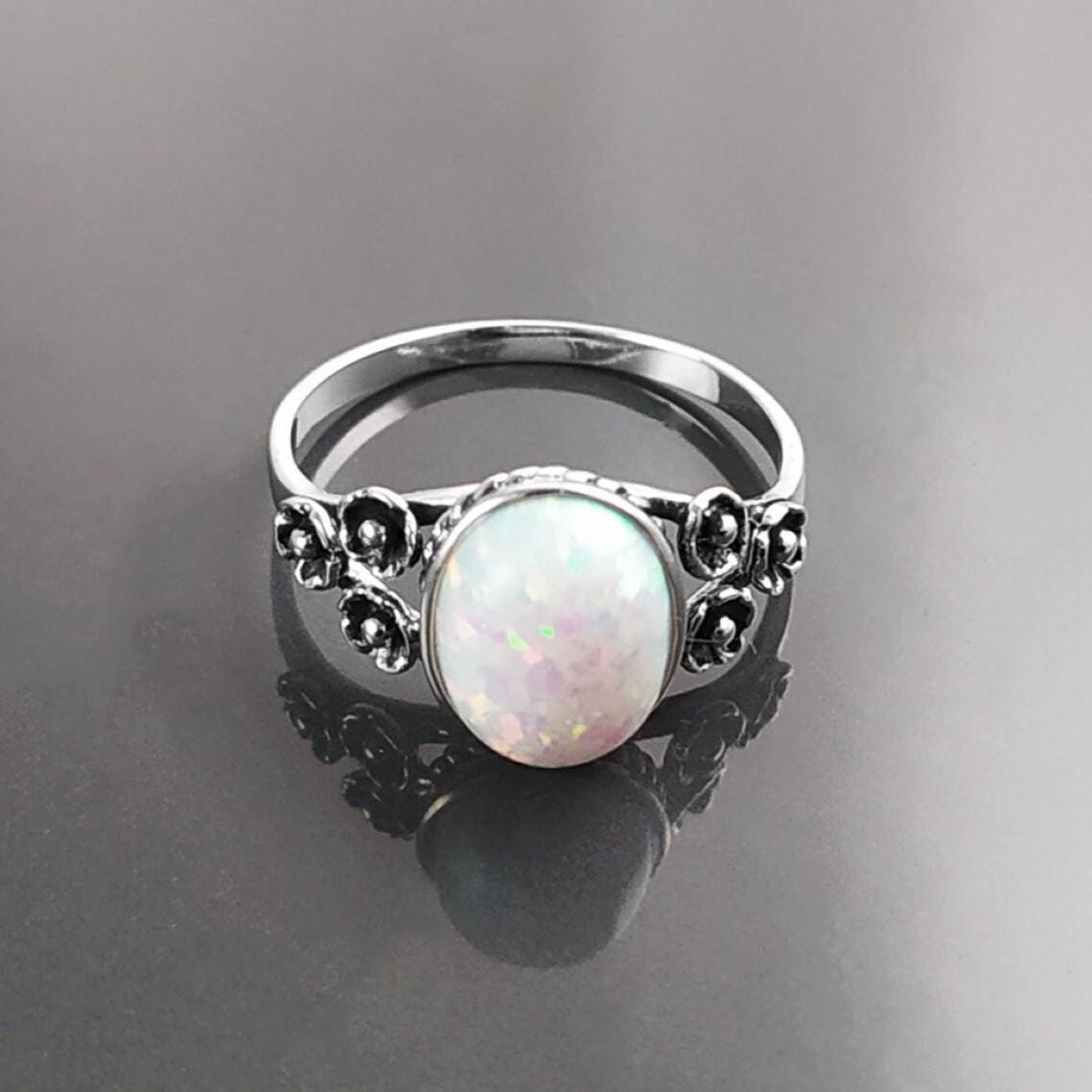 Sterling Silver Opal Ring, Flower Design Jewelry