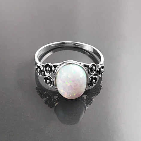 Sterling Silver Opal Ring, Flower Design Jewelry