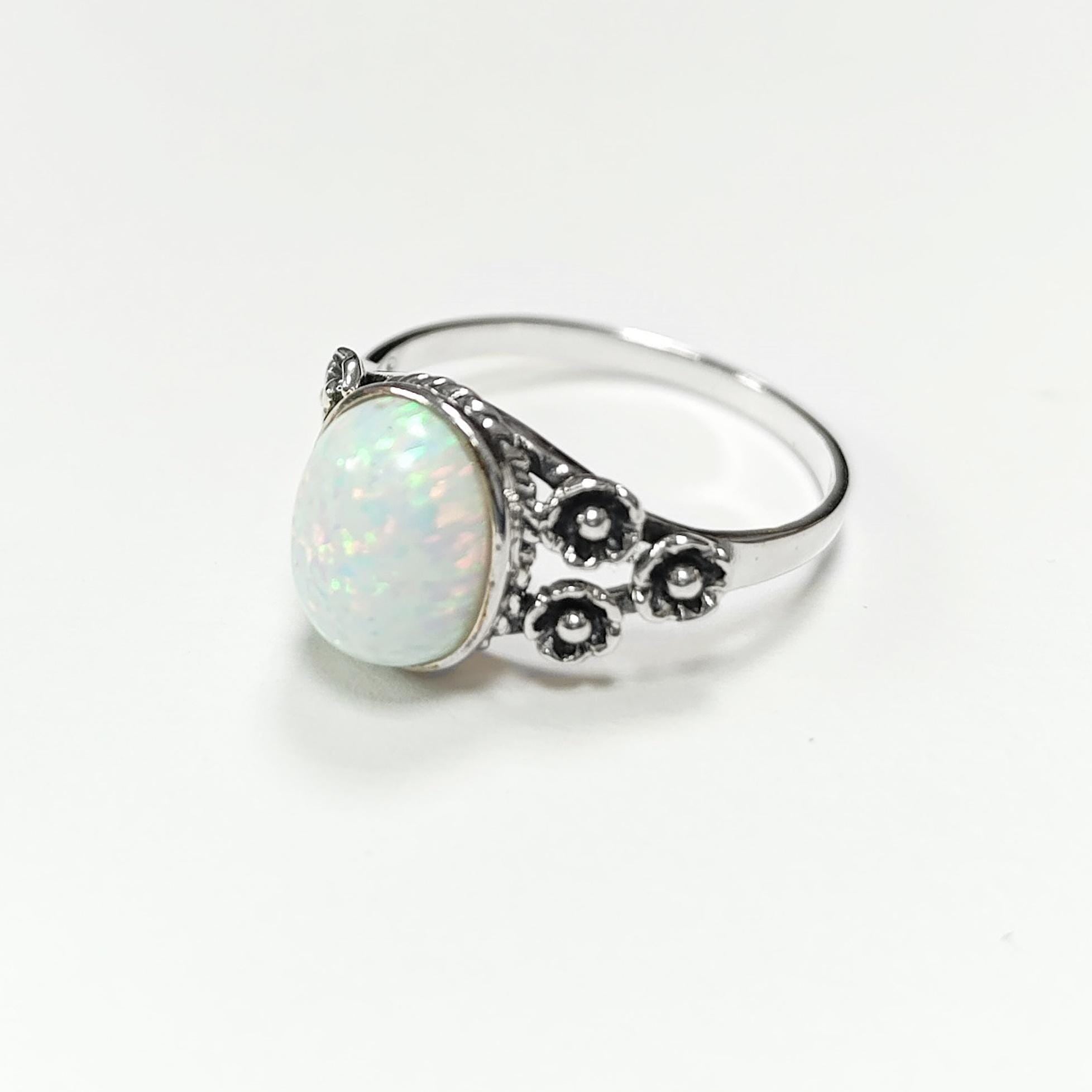 Sterling Silver Opal Ring, Flower Design Jewelry