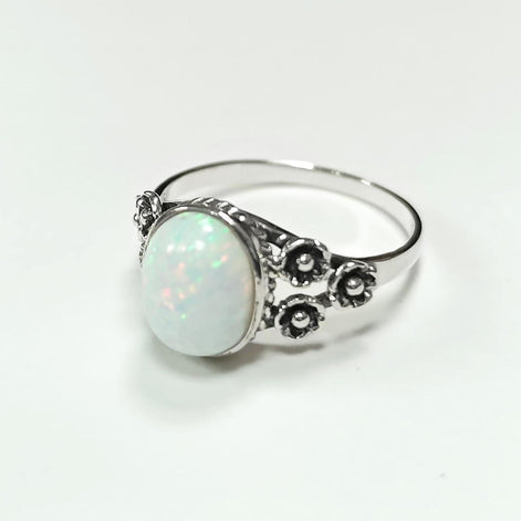 Sterling Silver Opal Ring, Flower Design Jewelry