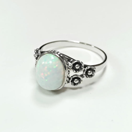 Sterling Silver Opal Ring, Flower Design Jewelry