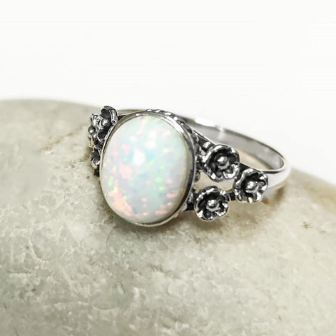 Sterling Silver Opal Ring, Flower Design Jewelry