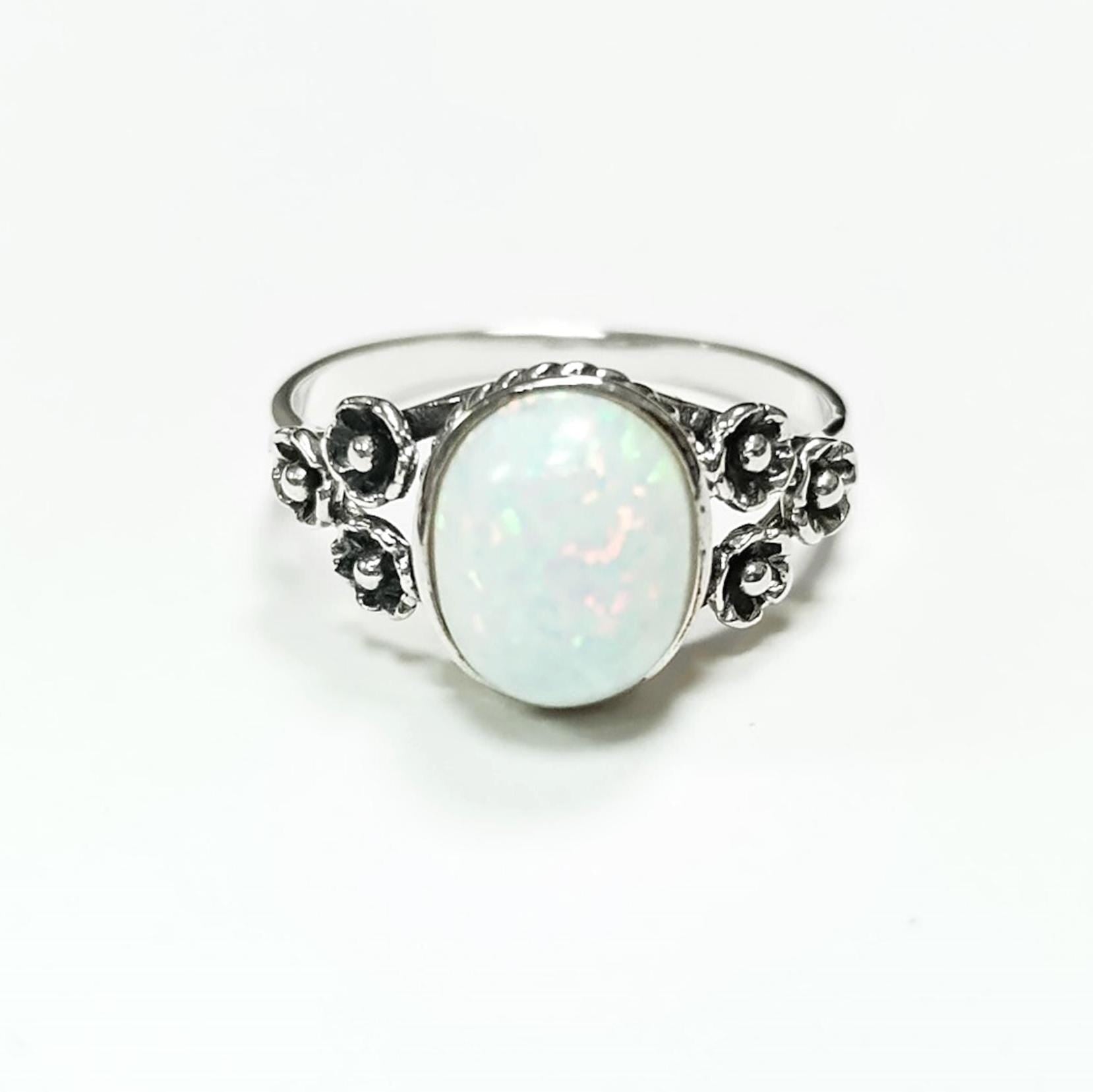 Sterling Silver Opal Ring, Flower Design Jewelry
