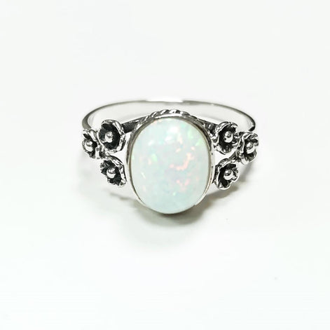 Sterling Silver Opal Ring, Flower Design Jewelry