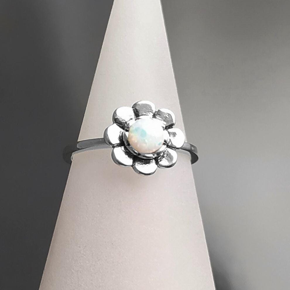 925 Opal Flower Ring, Sterling Silver, Fiery Opal Stone Jewelry, Round White Fire Rainbow Stone Ring, October Birthstone