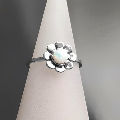 925 Opal Flower Ring, Sterling Silver, Fiery Opal Stone Jewelry, Round White Fire Rainbow Stone Ring, October Birthstone