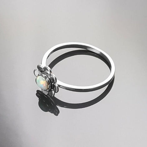 925 Opal Flower Ring, Sterling Silver, Fiery Opal Stone Jewelry, Round White Fire Rainbow Stone Ring, October Birthstone