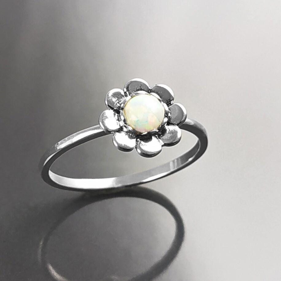925 Opal Flower Ring, Sterling Silver, Fiery Opal Stone Jewelry, Round White Fire Rainbow Stone Ring, October Birthstone