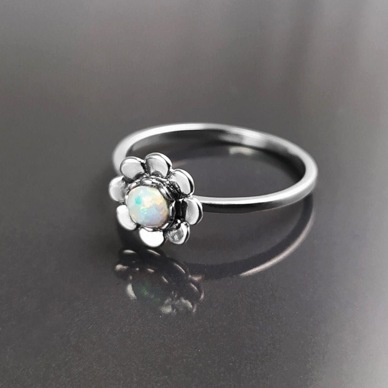 925 Opal Flower Ring, Sterling Silver, Fiery Opal Stone Jewelry, Round White Fire Rainbow Stone Ring, October Birthstone