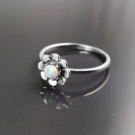 925 Opal Flower Ring, Sterling Silver, Fiery Opal Stone Jewelry, Round White Fire Rainbow Stone Ring, October Birthstone