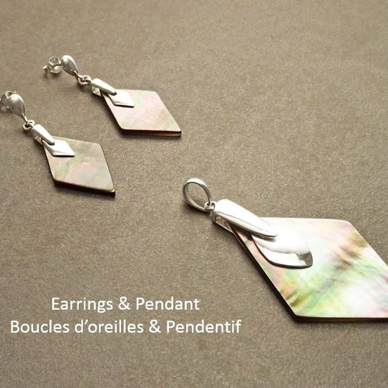 Gray Earrings Set, Sterling Silver, Diamond Square Shape Stone, Genuine Grey rainbow Paua Shell, Modern Minimalist Geometric Stone Jewelry