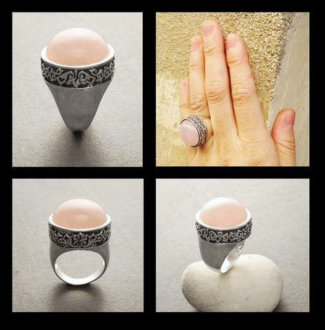 Rose Quartz Sterling Silver Ring, Vintage Victorian Design, Statement Pink Vintage Designed Pattern