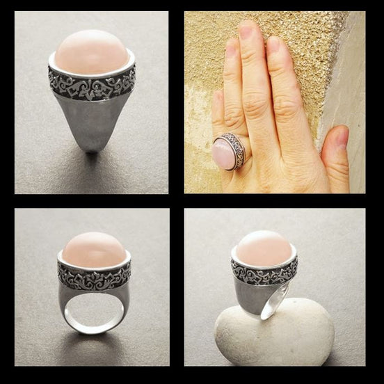 Rose Quartz Sterling Silver Ring, Vintage Victorian Design, Statement Pink Vintage Designed Pattern