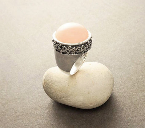 Rose Quartz Sterling Silver Ring, Vintage Victorian Design, Statement Pink Vintage Designed Pattern