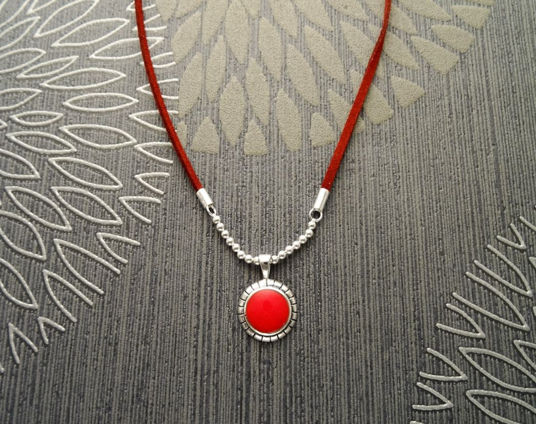 Women's Leather Necklace 925 Silver Bohemian Choker Red Stone Pendant Handmade Jewelry