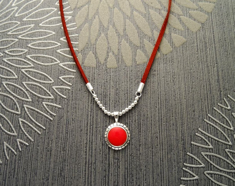Women's Leather Necklace 925 Silver Bohemian Choker Red Stone Pendant Handmade Jewelry