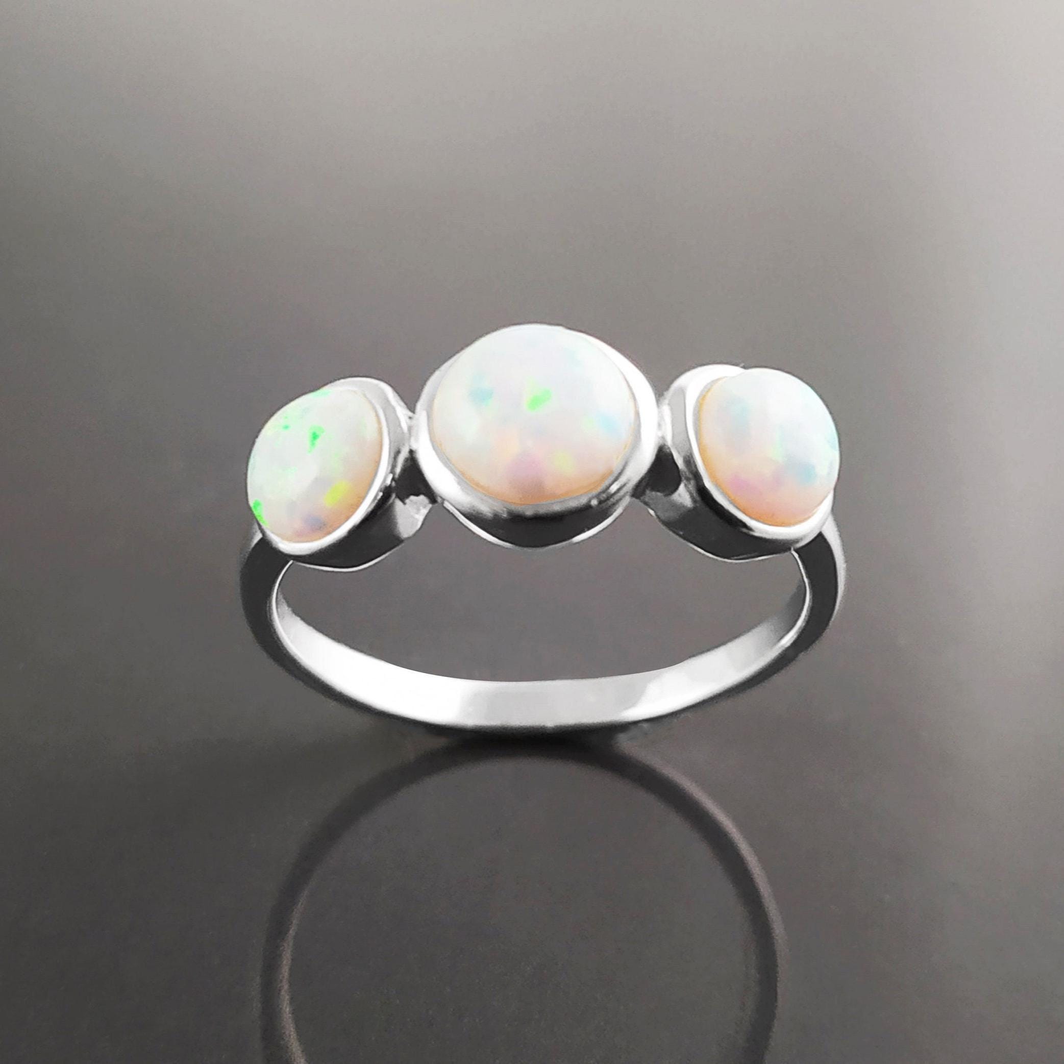 925 Opal Ring Sterling Silver, Three Opal Stones Domed Ring, Fiery White Fire Opals Stone Birthstone, loyalty, faithfulness, and hope.