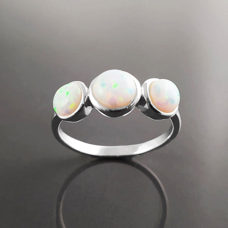 925 Opal Ring Sterling Silver, Three Opal Stones Domed Ring, Fiery White Fire Opals Stone Birthstone, loyalty, faithfulness, and hope.