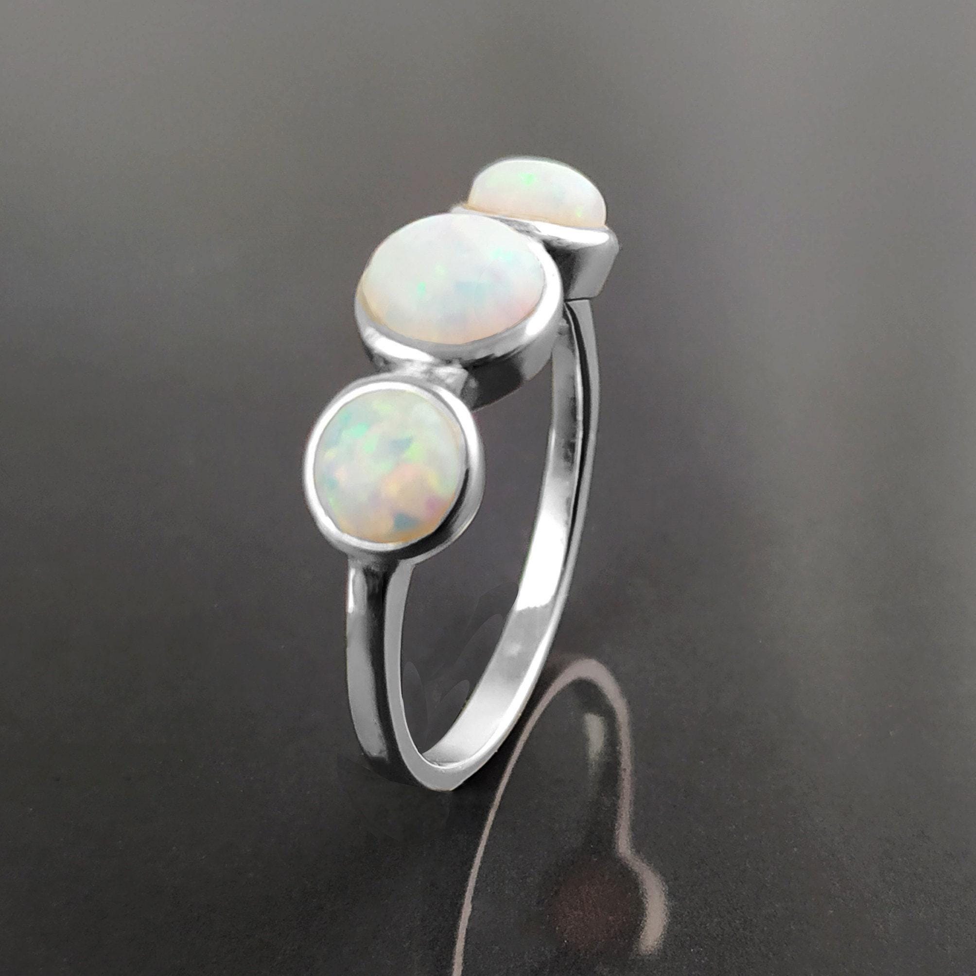 925 Opal Ring Sterling Silver, Three Opal Stones Domed Ring, Fiery White Fire Opals Stone Birthstone, loyalty, faithfulness, and hope.