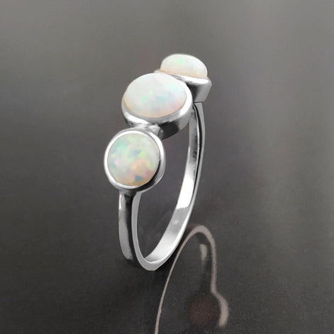 925 Opal Ring Sterling Silver, Three Opal Stones Domed Ring, Fiery White Fire Opals Stone Birthstone, loyalty, faithfulness, and hope.