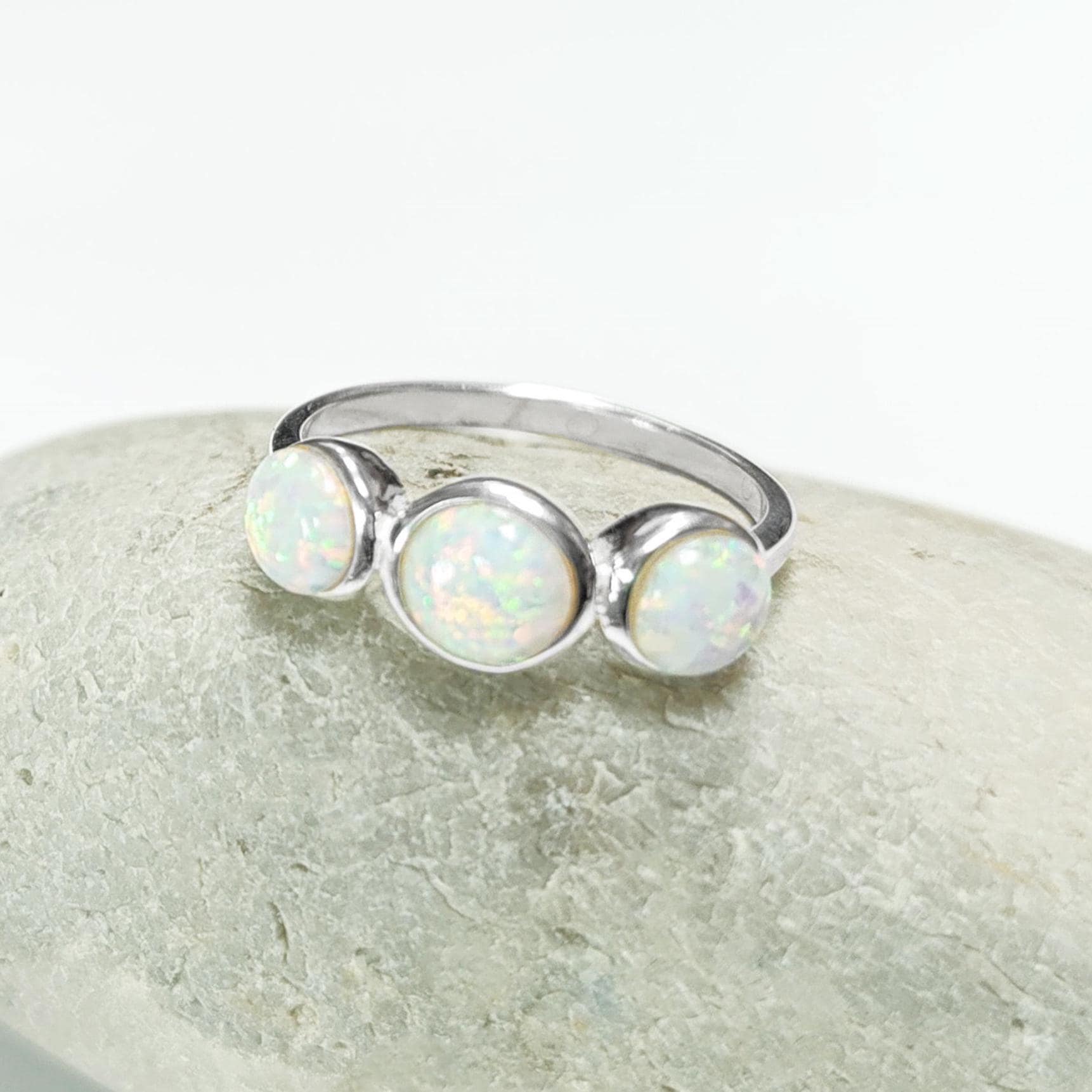 925 Opal Ring Sterling Silver, Three Opal Stones Domed Ring, Fiery White Fire Opals Stone Birthstone, loyalty, faithfulness, and hope.