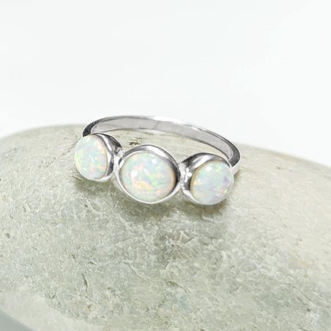 925 Opal Ring Sterling Silver, Three Opal Stones Domed Ring, Fiery White Fire Opals Stone Birthstone, loyalty, faithfulness, and hope.