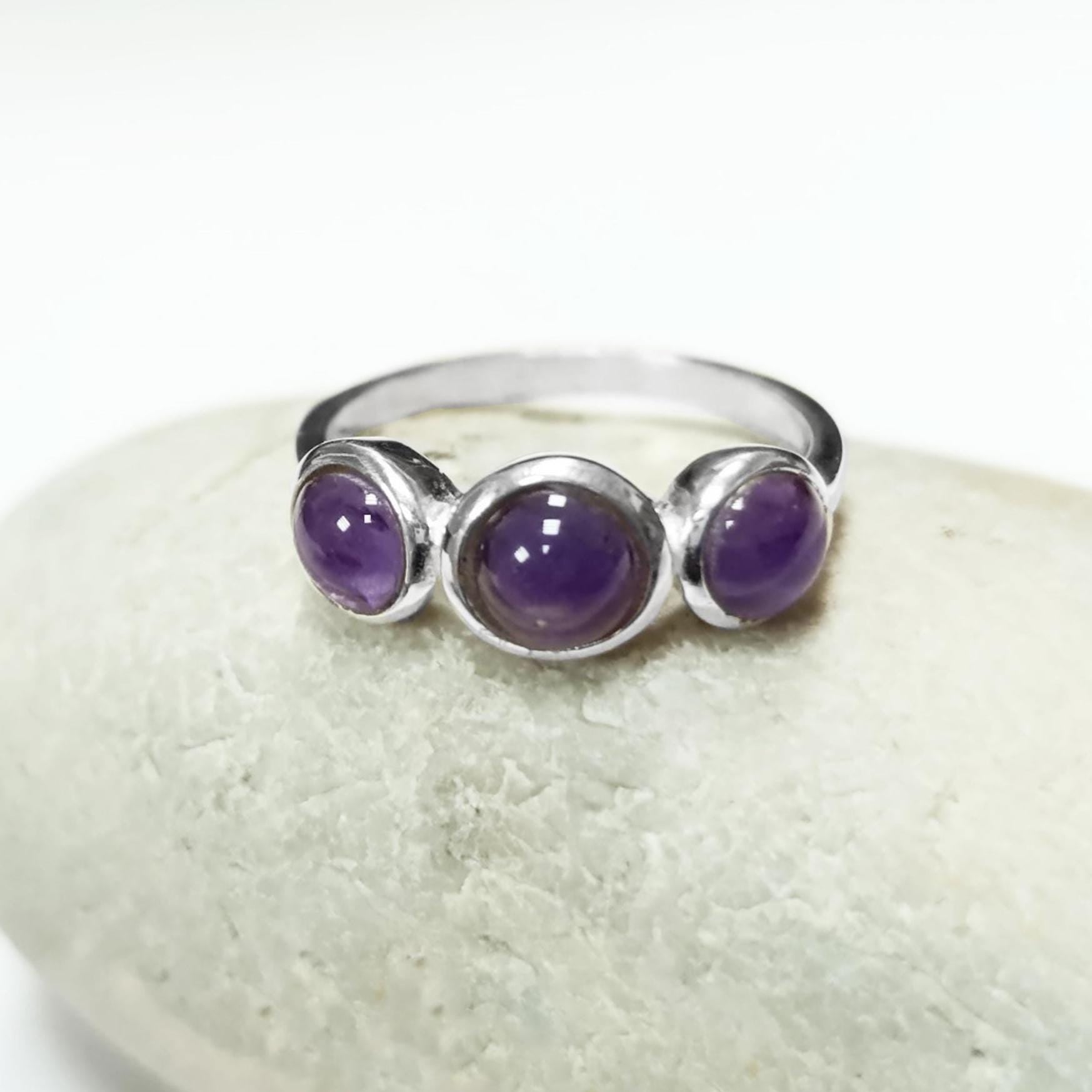 925 Sterling Silver Ring with Three Round Amethyst Stones, Genuine Amethyst Birthstone. Small Unique Jewelry