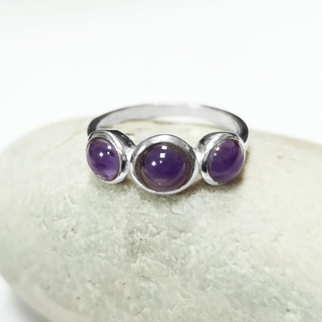 925 Sterling Silver Ring with Three Round Amethyst Stones, Genuine Amethyst Birthstone. Small Unique Jewelry