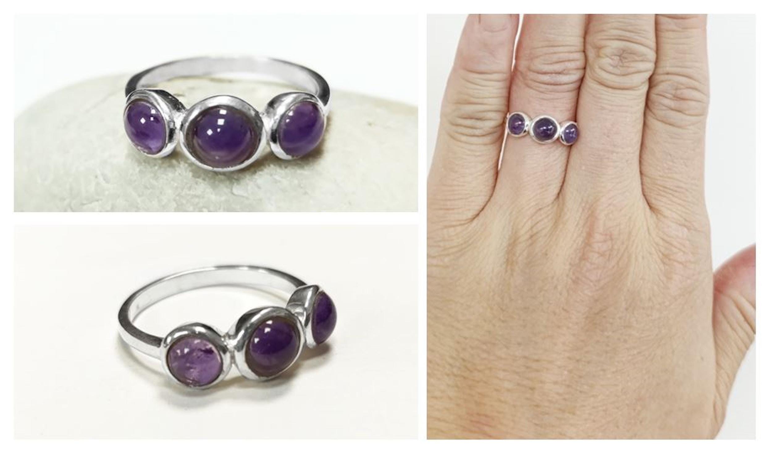 925 Sterling Silver Ring with Three Round Amethyst Stones, Genuine Amethyst Birthstone. Small Unique Jewelry