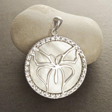White Round Pendant, Sterling Silver, White Mother of Pearl Shell, Butterflies Jewelry, Butterfly Statement Vintage Necklace, CZ Stones