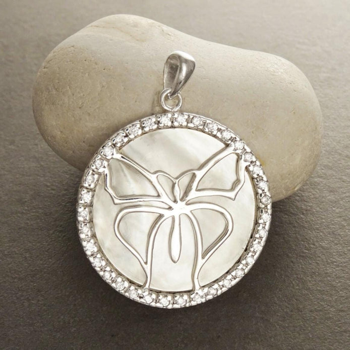 White Round Pendant, Sterling Silver, White Mother of Pearl Shell, Butterflies Jewelry, Butterfly Statement Vintage Necklace, CZ Stones