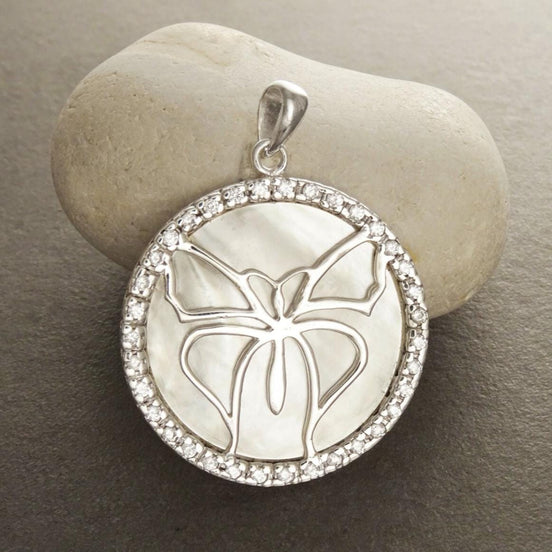 White Round Pendant, Sterling Silver, White Mother of Pearl Shell, Butterflies Jewelry, Butterfly Statement Vintage Necklace, CZ Stones