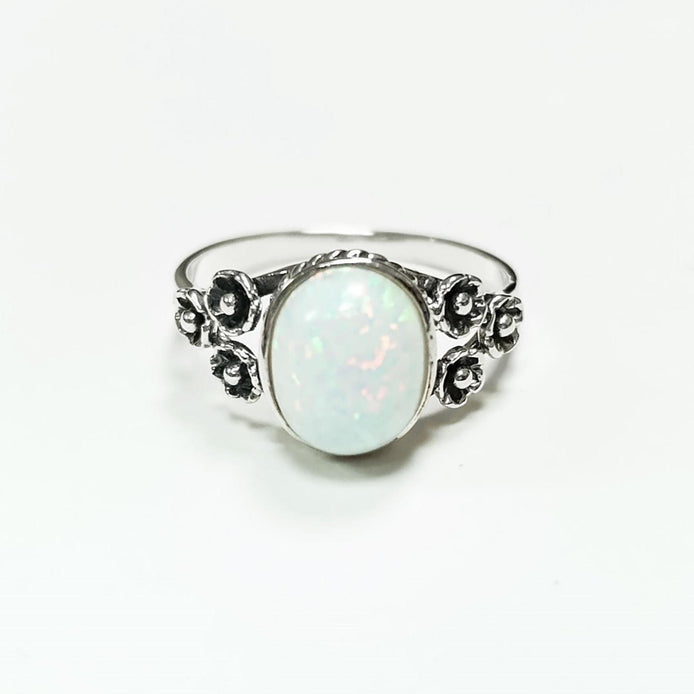 Sterling Silver Opal Ring, Flower Design Jewelry