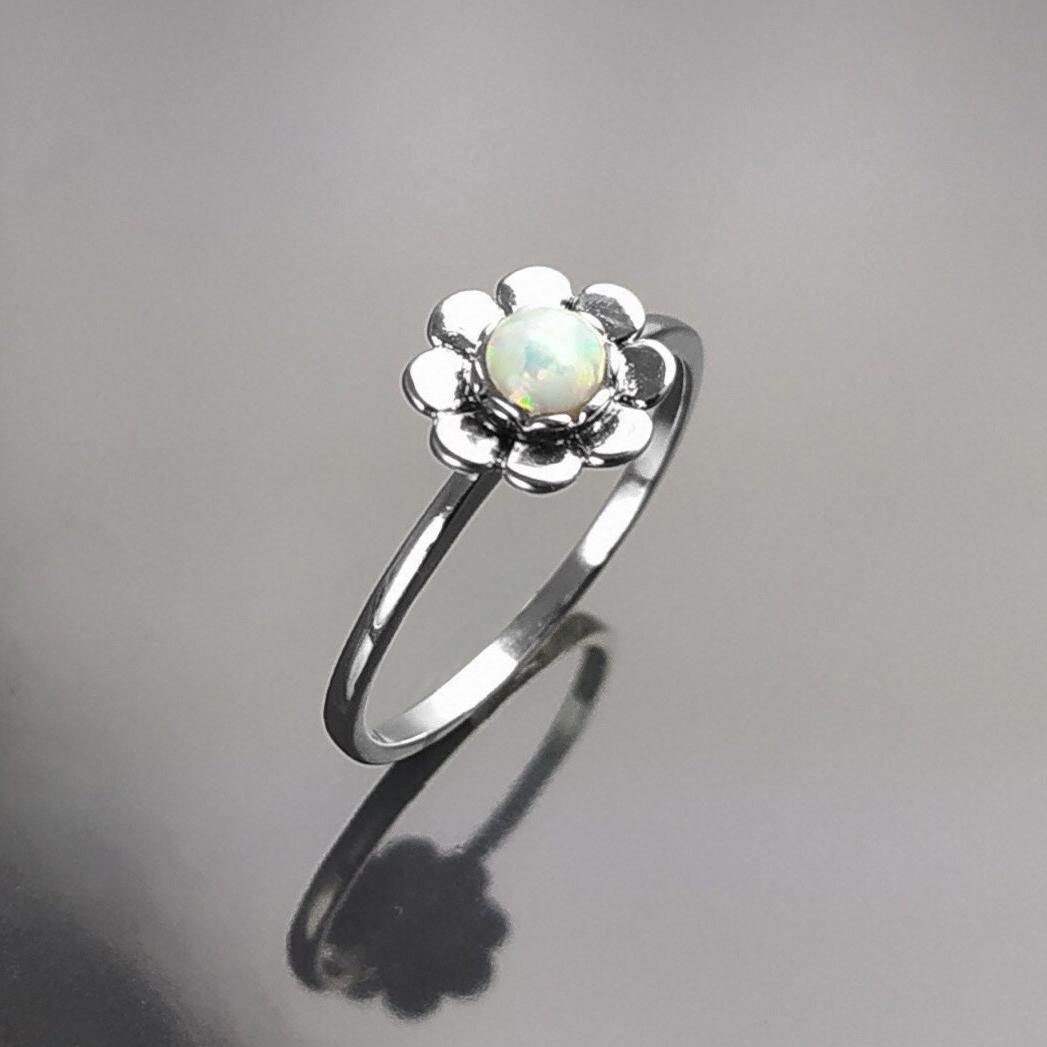 925 Opal Flower Ring, Sterling Silver, Fiery Opal Stone Jewelry, Round White Fire Rainbow Stone Ring, October Birthstone