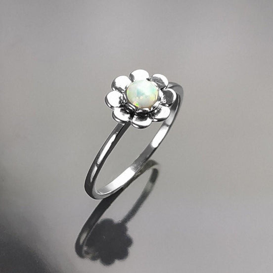 925 Opal Flower Ring, Sterling Silver, Fiery Opal Stone Jewelry, Round White Fire Rainbow Stone Ring, October Birthstone