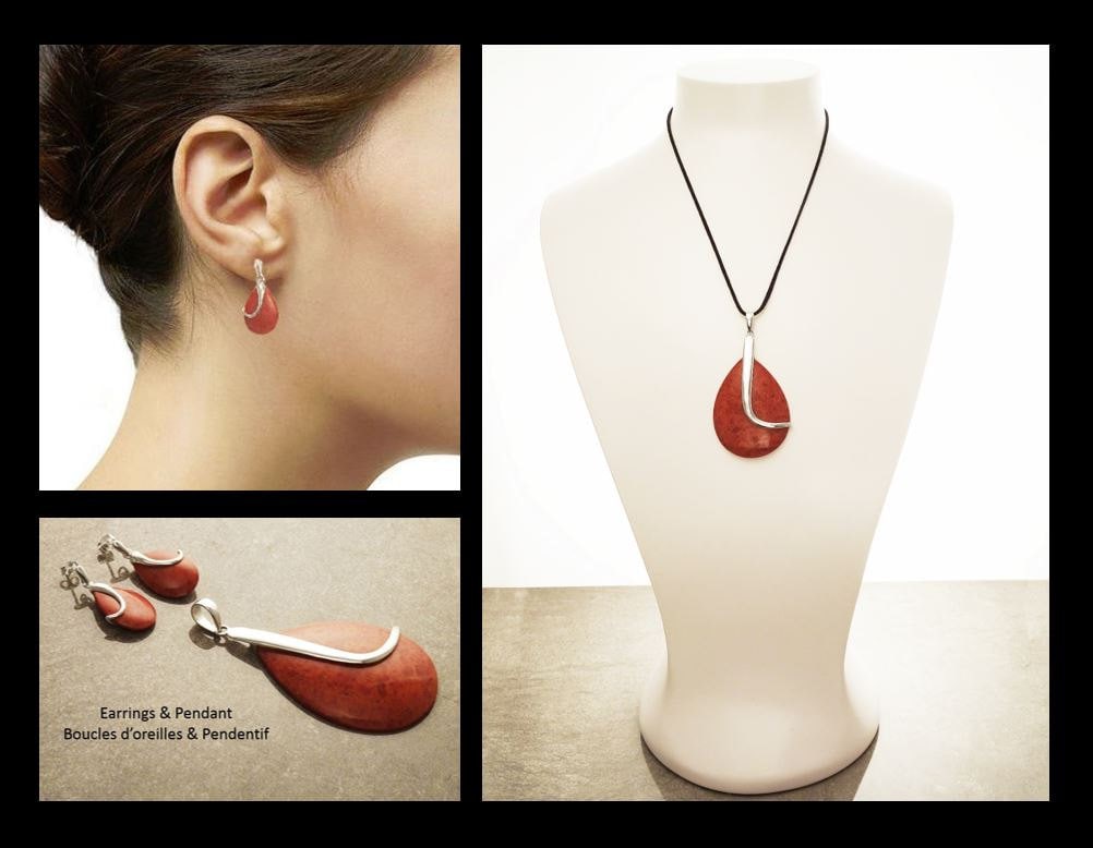 Red Oval Earrings, sterling silver, Sterling Silver, Gorgone Coral Earrings, Red Stone Earrings, Modern Teardrop Pendant, Red Necklace set