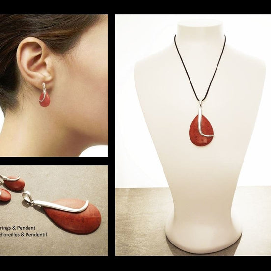 Red Oval Earrings, sterling silver, Sterling Silver, Gorgone Coral Earrings, Red Stone Earrings, Modern Teardrop Pendant, Red Necklace set