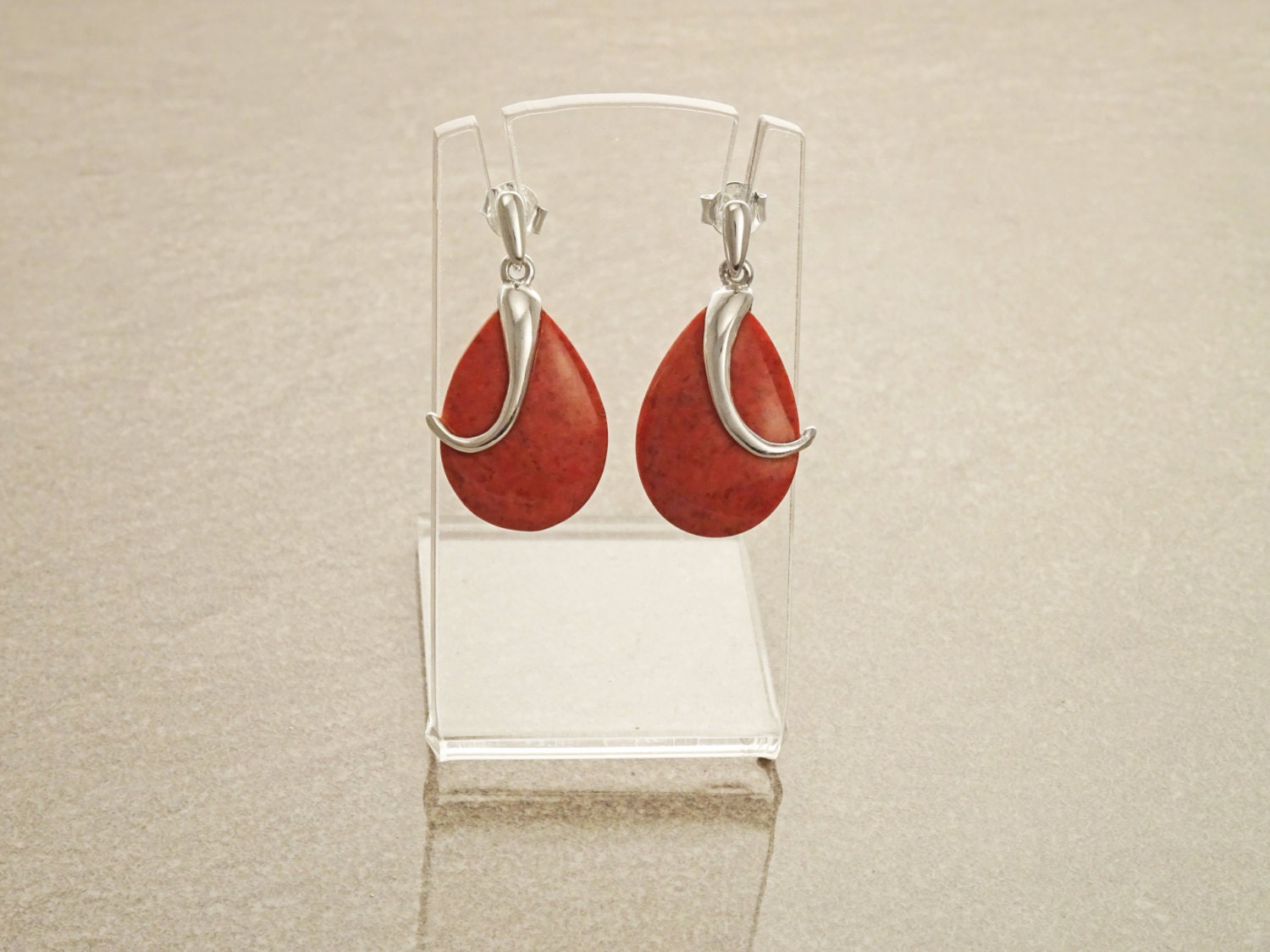 Red Coral Earrings, dyed gorgon Earrings Oval Red Modern Sterling Silver Earrings Teardrop Dangle Earrings party evening cocktail