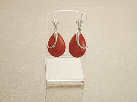 Red Coral Earrings, dyed gorgon Earrings Oval Red Modern Sterling Silver Earrings Teardrop Dangle Earrings party evening cocktail