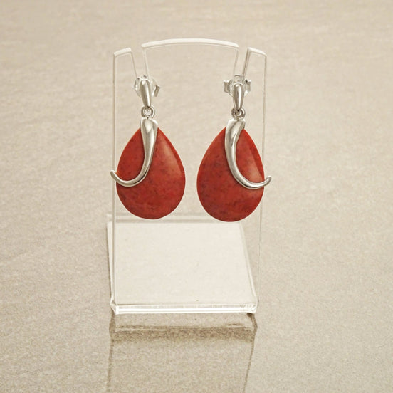 Red Coral Earrings, dyed gorgon Earrings Oval Red Modern Sterling Silver Earrings Teardrop Dangle Earrings party evening cocktail