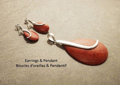 Red Oval Earrings, sterling silver, Sterling Silver, Gorgone Coral Earrings, Red Stone Earrings, Modern Teardrop Pendant, Red Necklace set