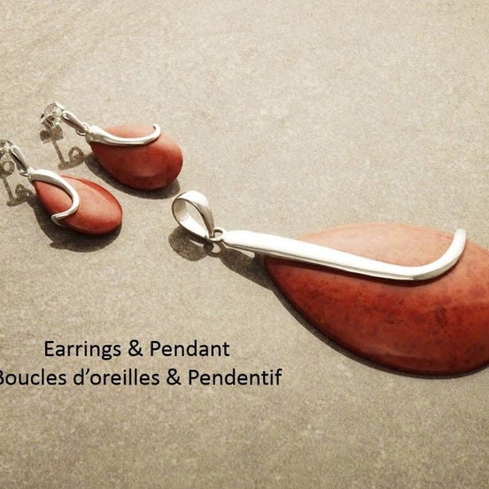 Red Oval Earrings, sterling silver, Sterling Silver, Gorgone Coral Earrings, Red Stone Earrings, Modern Teardrop Pendant, Red Necklace set