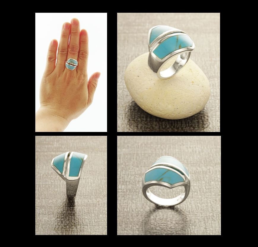 Blue Turquoise Ring - Sterling Silver - Turquoise Bypass Ring - Gemstone Crossing Ring - Turquoise Stone Ring - Framed Ring - Original Ring