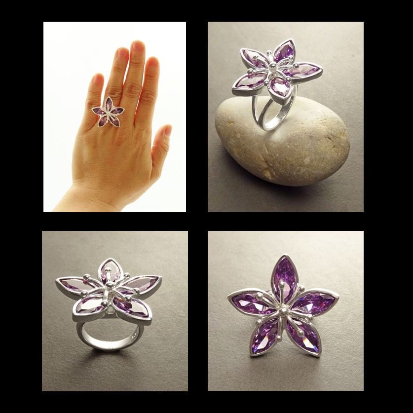 Orchid Flower Ring, Sterling Silver, Purple Flower Blossom Jewelry, Pink Amethyst Stone, Rose de France Color, Bold Modern Floral Design