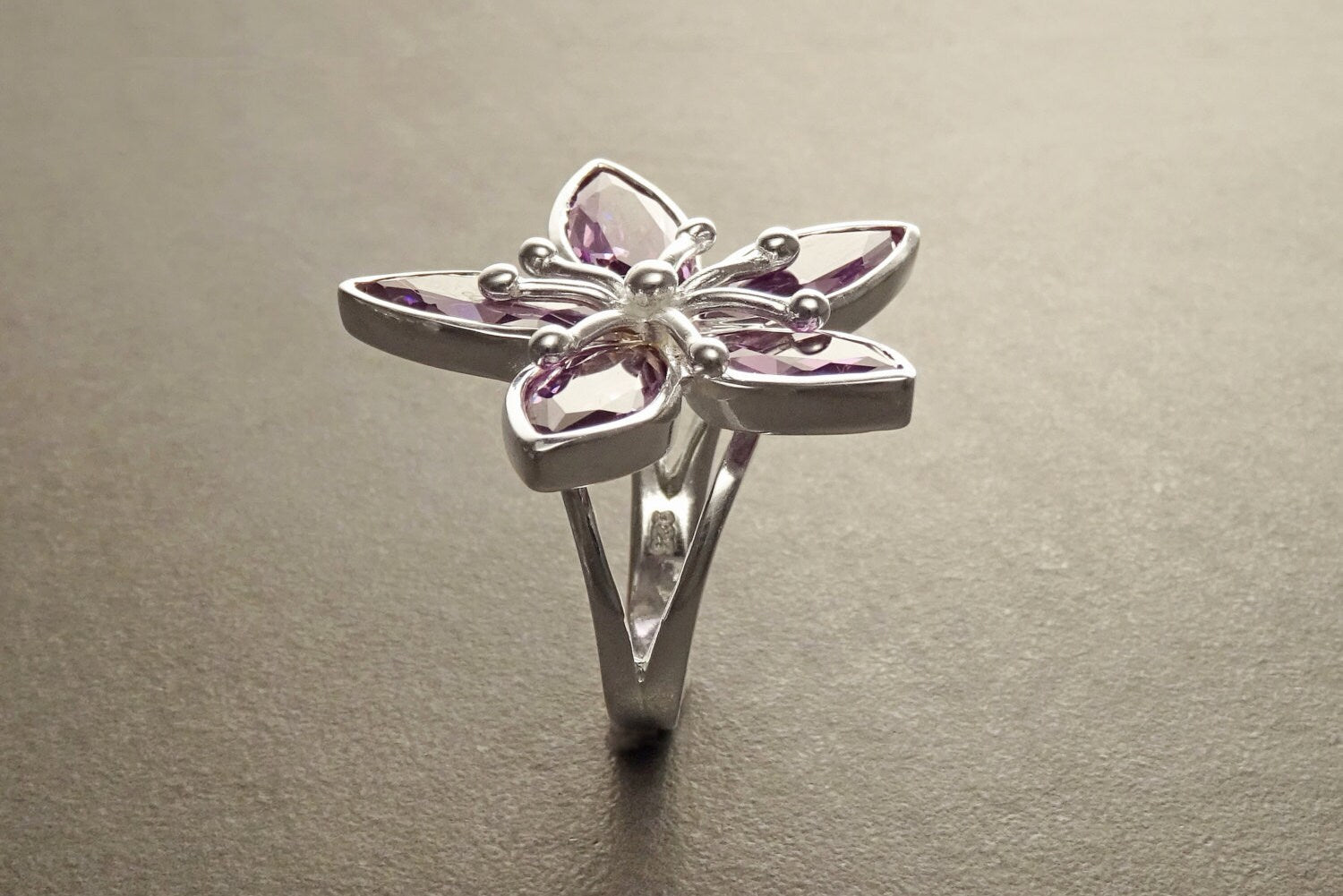 Orchid Flower Ring, Sterling Silver, Purple Flower Blossom Jewelry, Pink Amethyst Stone, Rose de France Color, Bold Modern Floral Design