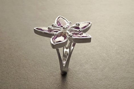 Orchid Flower Ring, Sterling Silver, Purple Flower Blossom Jewelry, Pink Amethyst Stone, Rose de France Color, Bold Modern Floral Design