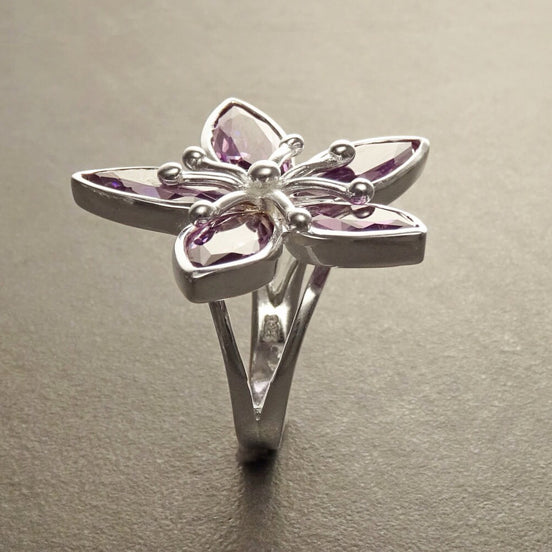 Orchid Flower Ring, Sterling Silver, Purple Flower Blossom Jewelry, Pink Amethyst Stone, Rose de France Color, Bold Modern Floral Design