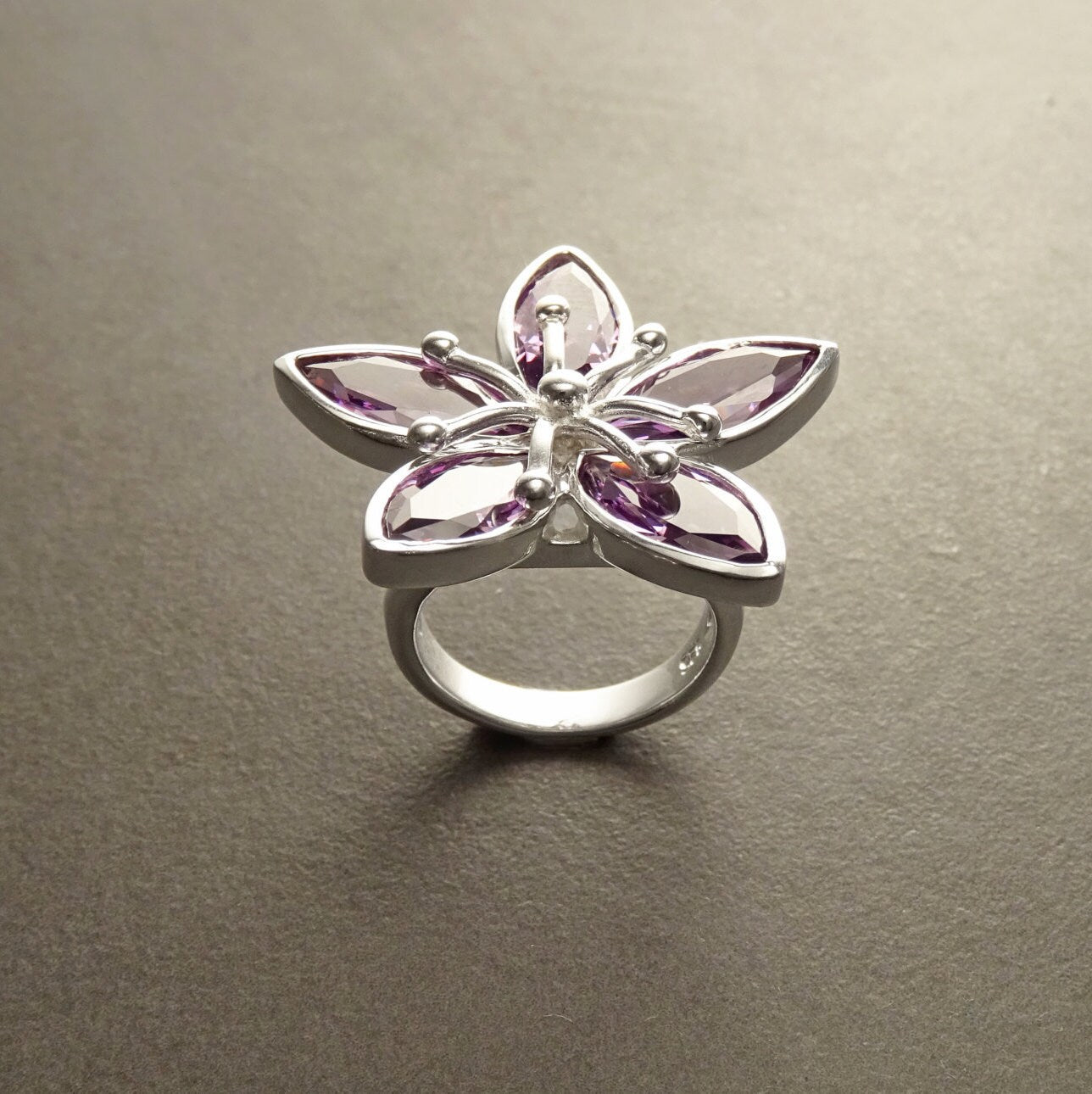 Orchid Flower Ring, Sterling Silver, Purple Flower Blossom Jewelry, Pink Amethyst Stone, Rose de France Color, Bold Modern Floral Design