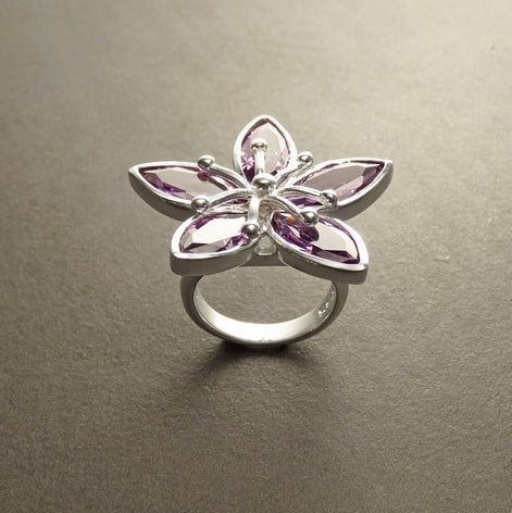 Orchid Flower Ring, Sterling Silver, Purple Flower Blossom Jewelry, Pink Amethyst Stone, Rose de France Color, Bold Modern Floral Design
